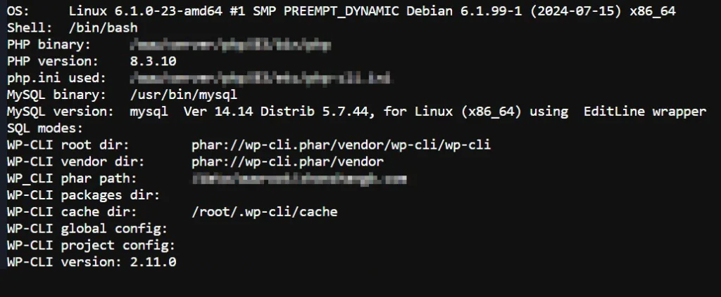 WP-CLI 的版本信息和其他配置详情示例